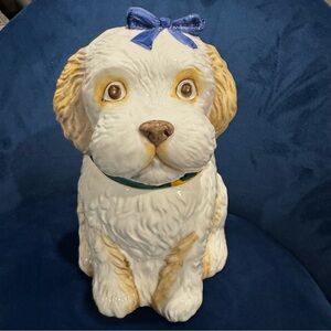 Enesco Puppy Dog Cookie Jar White Ceramic w Blue Bow Taiwan Vintage